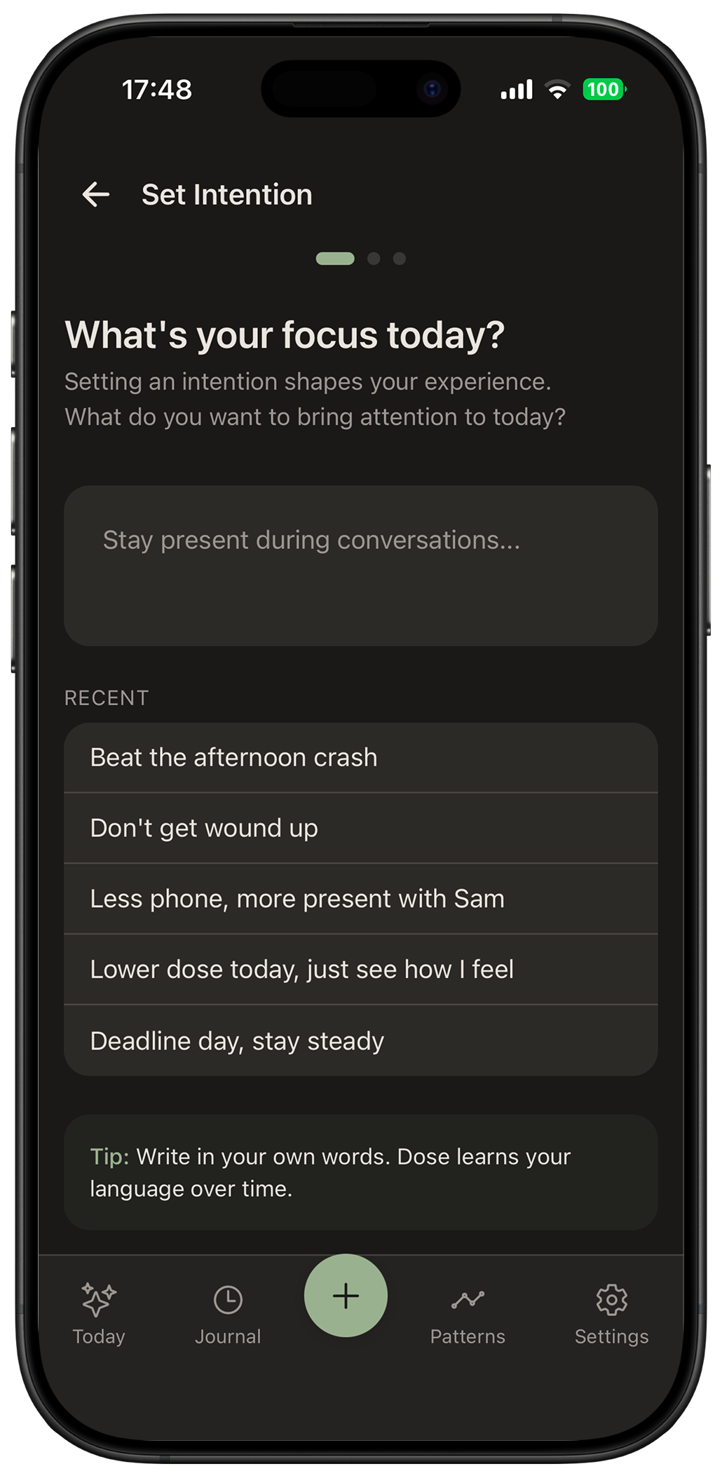 Set intention screen